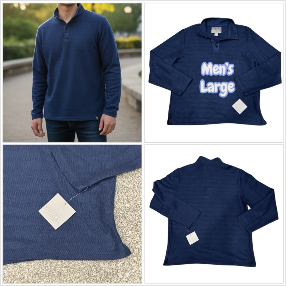 Men's Large 4 Button Henley Shirt Texture Navy Blue Long Sleeve Mockneck NWT